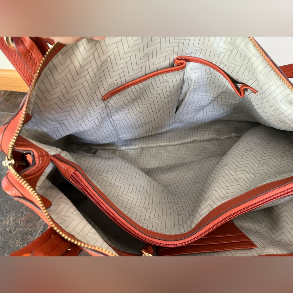 New Lodis Texas leather Amanda 100% leather oversized work tote purse. Orange - Picture 15 of 16